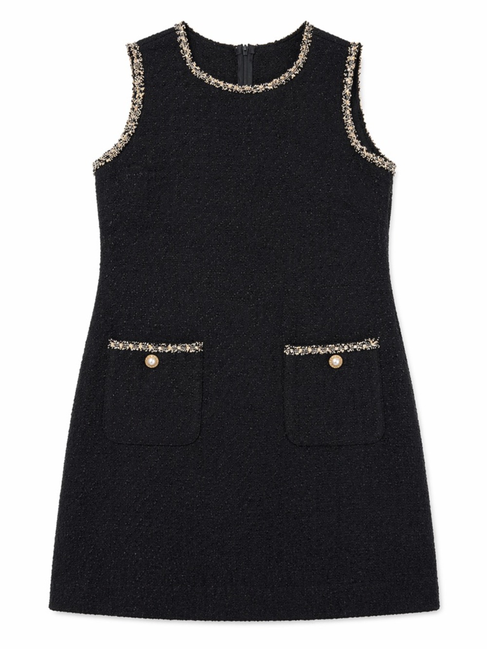 Sleeveless Black Tweed Dress with Pearl Pocket Detail